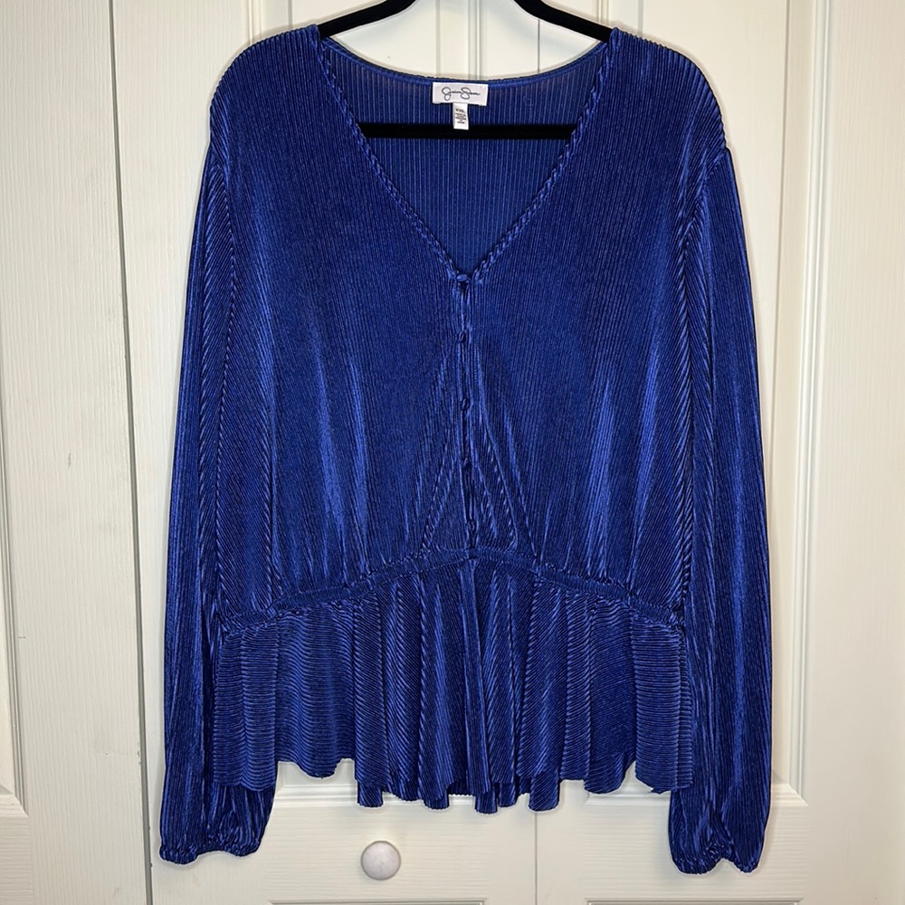 Jessica Simpson Cute V-Neck Velvet Ruffles Garterized Long Sleeve Blue Size 2XL